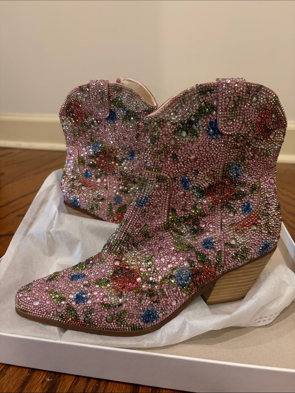 Betsy Johnson pinkFloral Rhinestone Ankle Boots